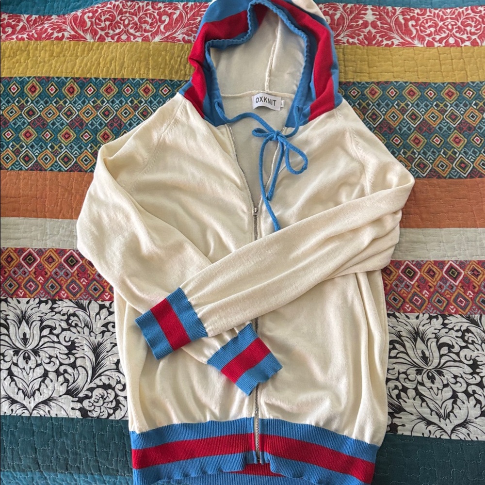 OxKnit Cream Zip-Up Hoodie with Blue and Red Trim